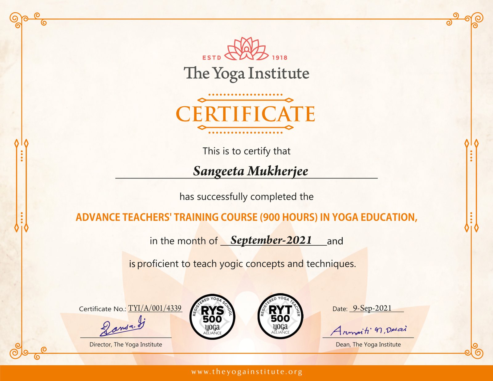 RYS-500/RYT-500 yoga alliance certified
